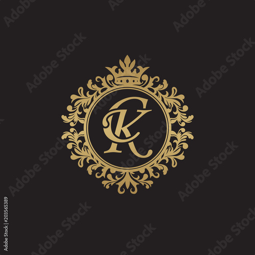 Initial letter CK, overlapping monogram logo, decorative ornament badge, elegant luxury golden color