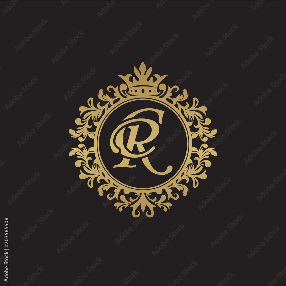 Initial letter CR, overlapping monogram logo, decorative ornament badge, elegant luxury golden color