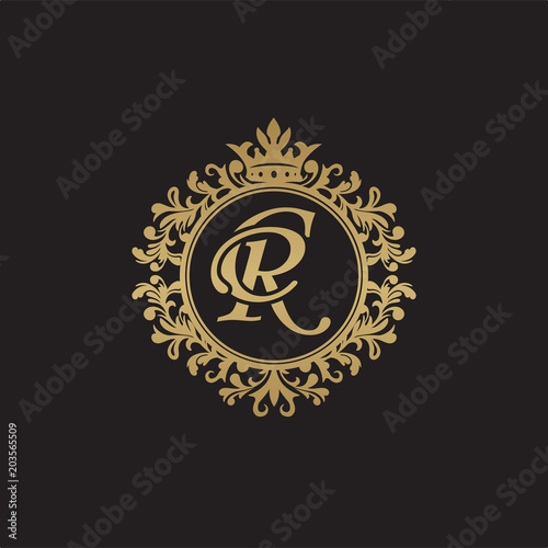 Initial letter CR, overlapping monogram logo, decorative ornament badge, elegant luxury golden color