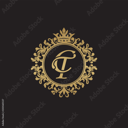 Initial letter CT, overlapping monogram logo, decorative ornament badge, elegant luxury golden color
