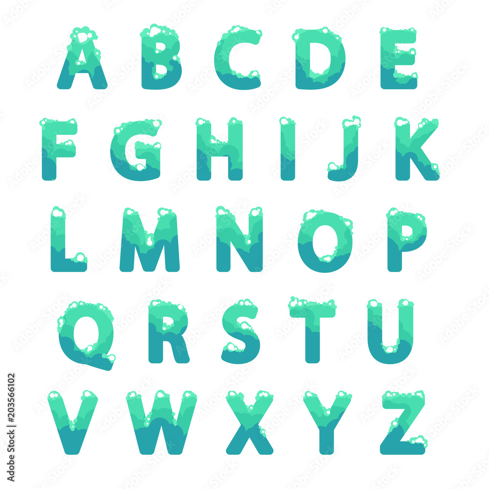 Sky and clouds blue alphabet set, vector cartoon flat illustration isolated on white background, blue letters Sky and clouds blue alphabet set, vector cartoon flat illustration isolated on white background, blue letters