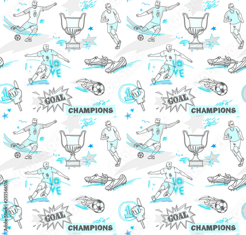 Seamless football pattern with soccer player. Soccer vector background, texture.