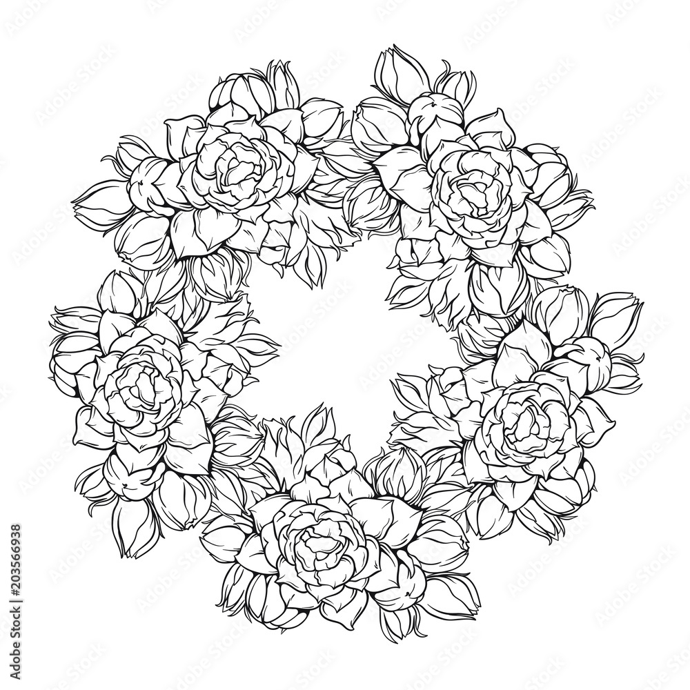 Oval frame with many flowers buds and nature, vector line art illustration isolated on white background, black and white version
