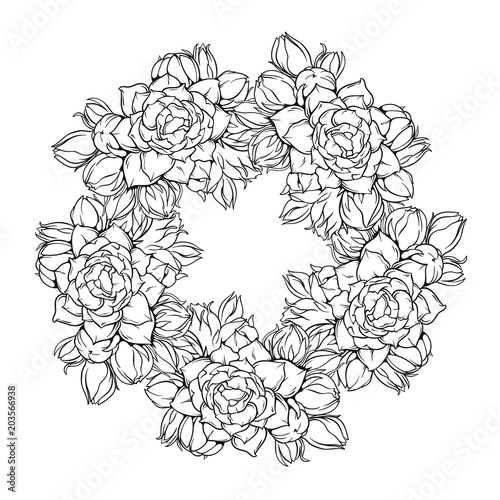 Oval frame with many flowers buds and nature, vector line art illustration isolated on white background, black and white version