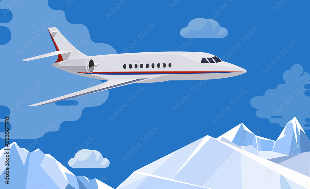  Airplane flies  above the mountains and clouds .Travel background