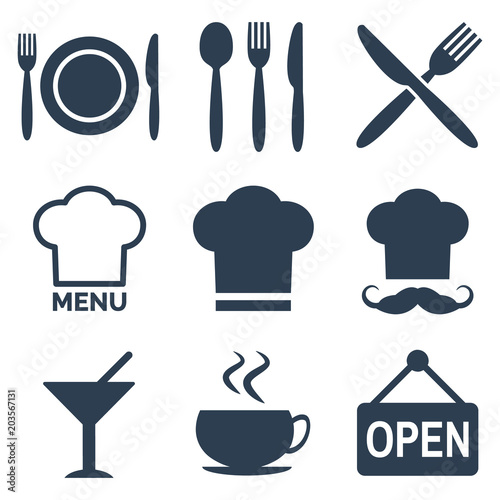 Restaurant icons set on white background.