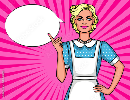 Vector comic pop art style illustration of pretty cute housewife pointing finger up. Poster 50s of Young smiling woman in apron