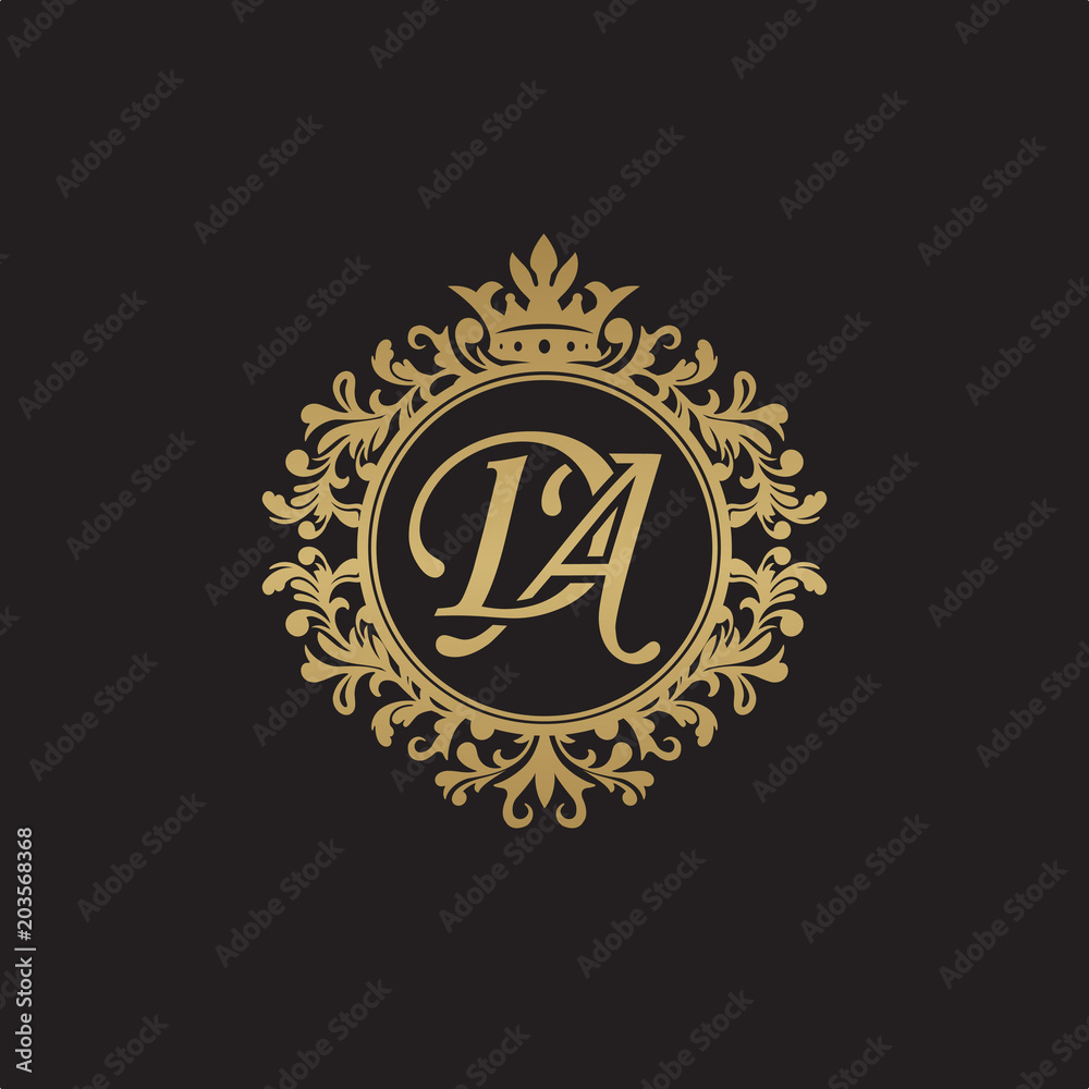 Naklejka premium Initial letter DA, overlapping monogram logo, decorative ornament badge, elegant luxury golden color