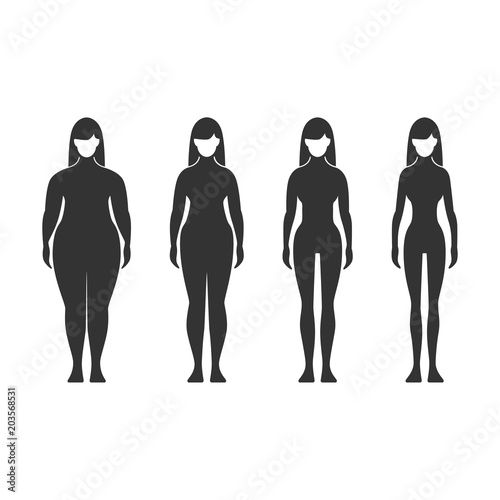 Vector image set girl slimming.Fat and slim girl. Female body before and after weight loss, diet and fitness.