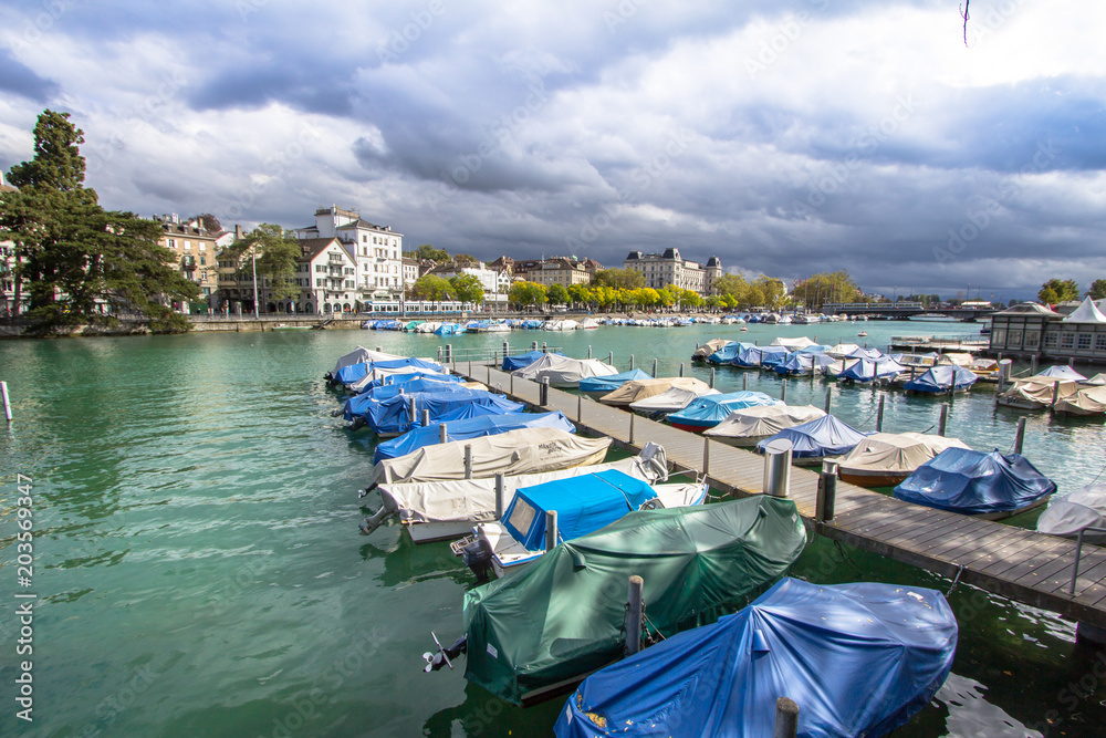 Boats at pier in Zurich