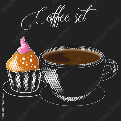 Delicious coffee cup with muffin