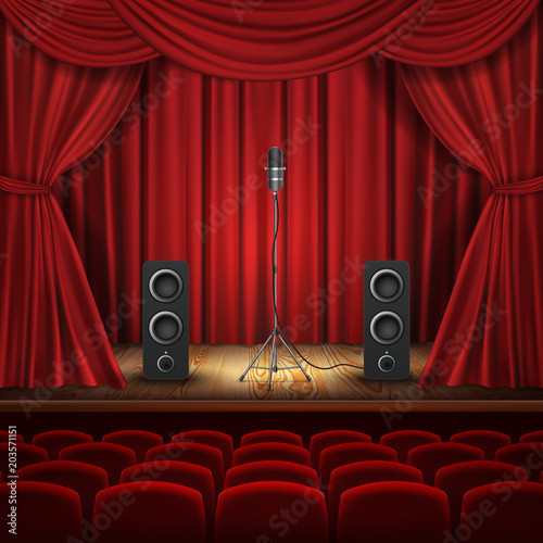 Vector illustration with microphone and loudspeakers on podium. Hall with red curtains for presentation. Stage for stand up, performance or lecture. Public scene for speech of orator