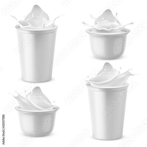 Vector 3d realistic plastic packages with yogurt. Dairy sour cream splashing with foil lid. Mockup of farm product isolated on white background. Different elements for ad poster, promo banner of food