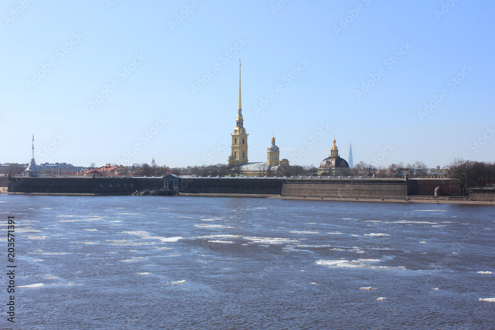 St. Petersburg Peter and Paul Fortress View from Scenic Viewpoint across Neva River. Sunny Day Panoramic View of Famous Russian City Landmark. Saint Petersburg Sightseeing Attraction Wallpaper.