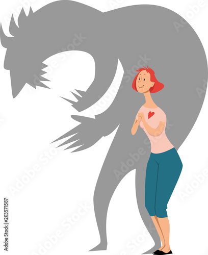 Cartoon character of a sweet loving woman, her shadow showing her personality as a terrifying monster, EPS 8 vector illustration 