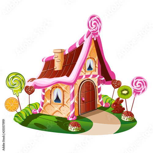 Sweet little house with chocolate and decorated with fruit