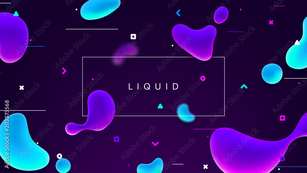 Colorful banner with abstract fluid shapes. Trendy vector illustration with geometric symbols. Futuristic composition with liquid shapes.