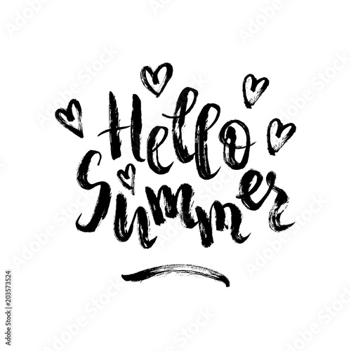 Hello summer. Vector brush lettering with hearts. Black quote isolated on white background. Summer phrase in grunge style