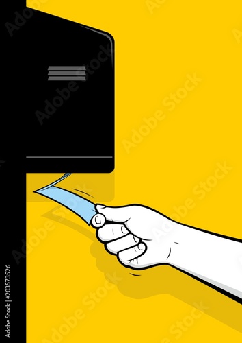 Man hand pull paper towel from towel dispenser