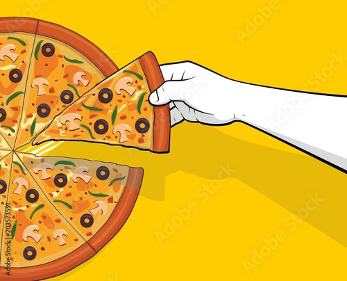 Man hand picking pizza slice