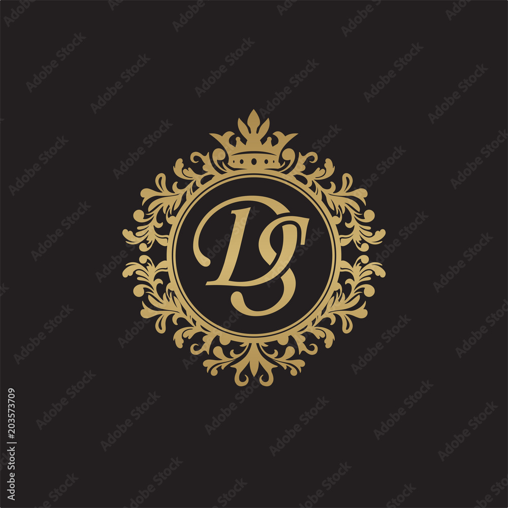 Initial letter DS, overlapping monogram logo, decorative ornament badge, elegant luxury golden color
