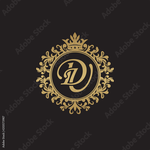 Initial letter DU, overlapping monogram logo, decorative ornament badge, elegant luxury golden color