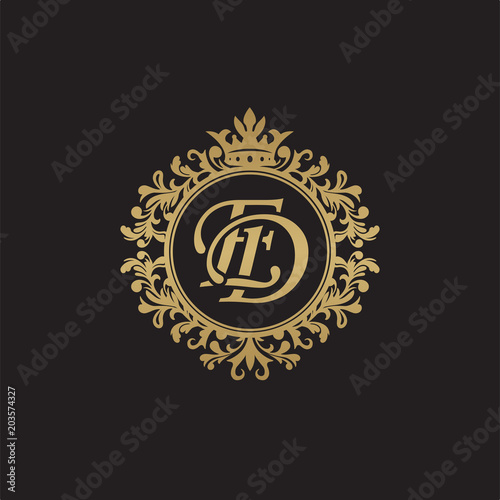 Initial letter ED, overlapping monogram logo, decorative ornament badge, elegant luxury golden color