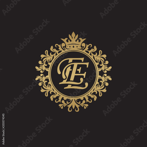 Initial letter EE, overlapping monogram logo, decorative ornament badge, elegant luxury golden color
