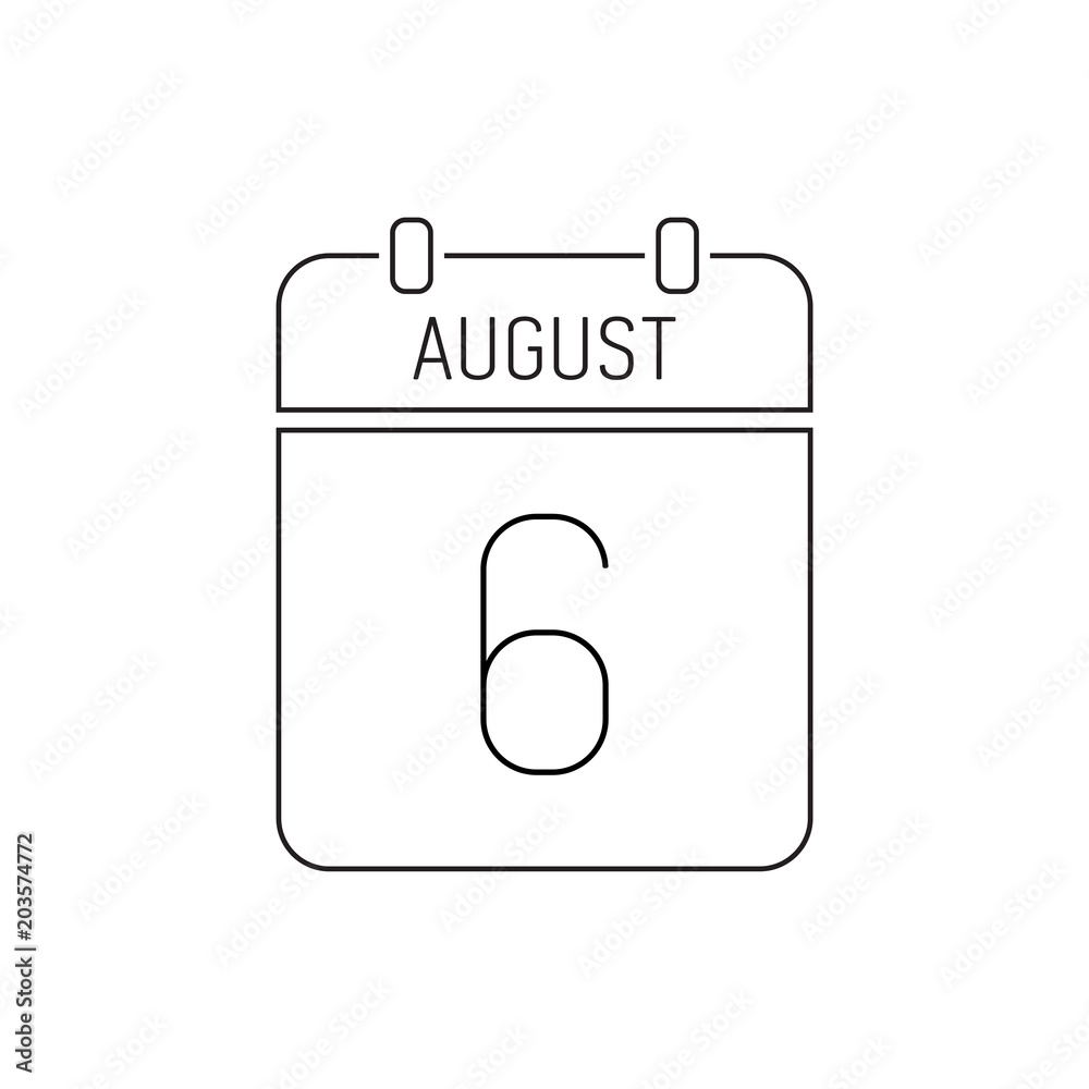 August 6 calendar icon line, outline. Deadline reminder. International Day, Doctors of the World for Peace. A civil holiday in Canada August 6 calendar icon line, outline. Deadline reminder. International Day, Doctors of the World for Peace. A civil holiday in Canada