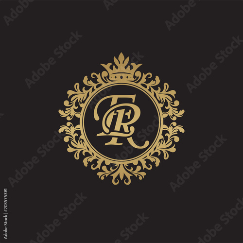 Initial letter ER, overlapping monogram logo, decorative ornament badge, elegant luxury golden color