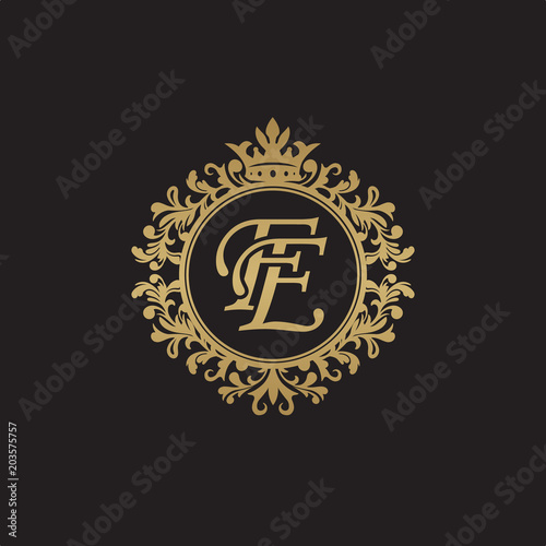 Initial letter FE, overlapping monogram logo, decorative ornament badge, elegant luxury golden color