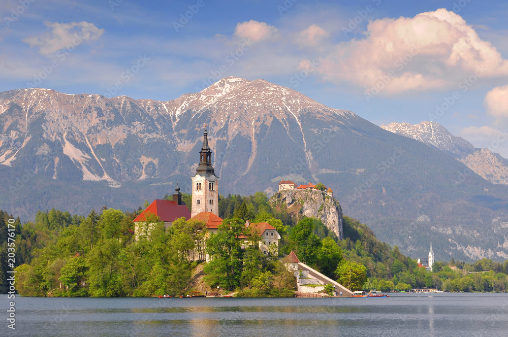 Lake Bled and the church of Assumption, Gorenjska Region Slovenia.
