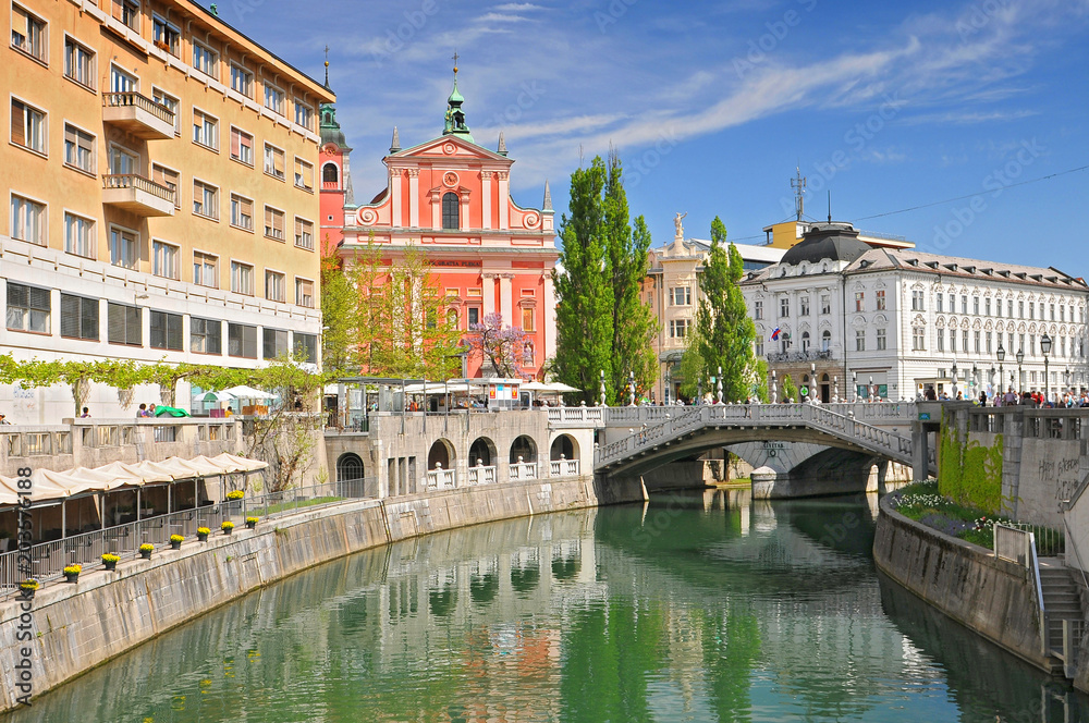 Triple Bridge, Franciscan Monastery and Church of the Annunciation, Ljubljana Slovenia.