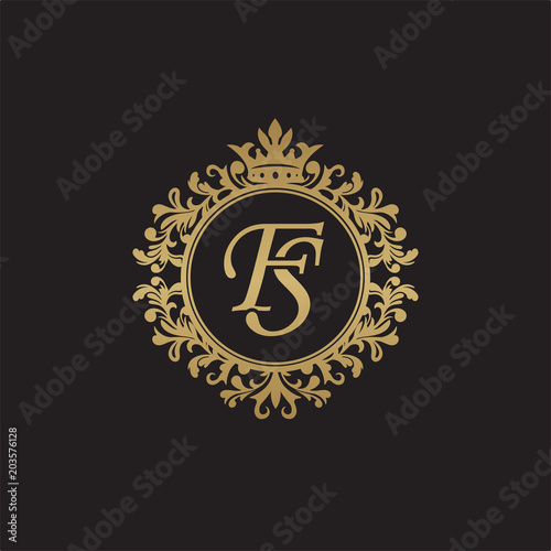 Initial letter FS, overlapping monogram logo, decorative ornament badge, elegant luxury golden color