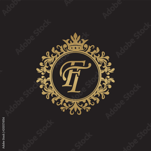 Initial letter FT, overlapping monogram logo, decorative ornament badge, elegant luxury golden color