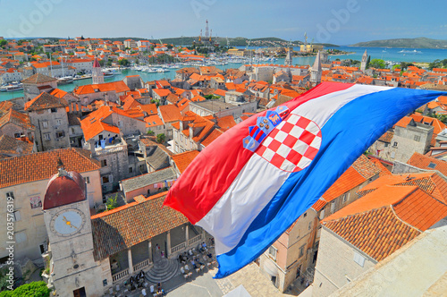 Fotografie Flag and view on Trogir from Cathedral of Saint Lawrence, Croatia