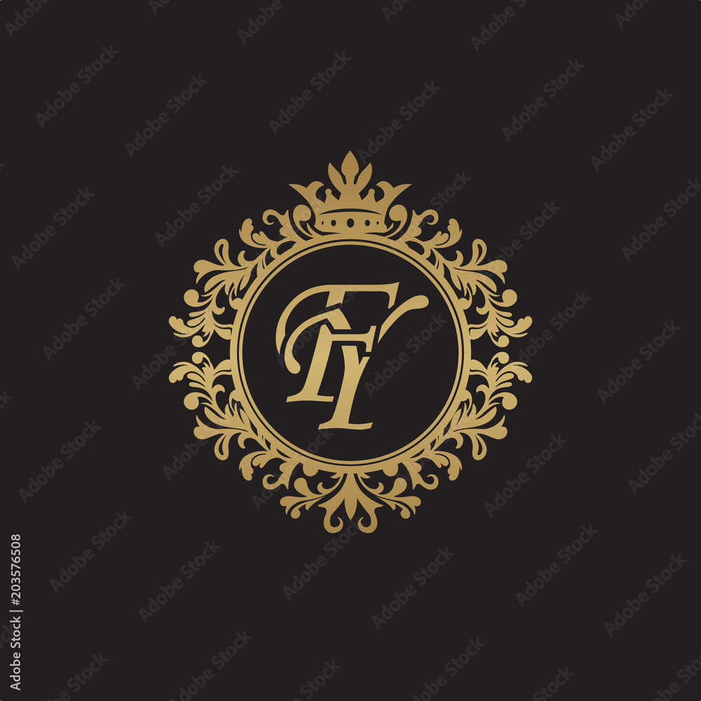 Initial letter FY, overlapping monogram logo, decorative ornament badge, elegant luxury golden color