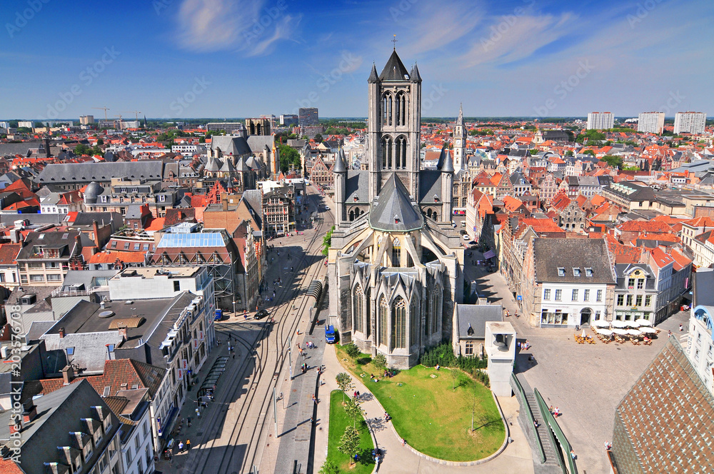 Fototapeta premium Aerial view on the center of Ghent with Saint Nicholas Church in Belgium, from the Belfry tower.