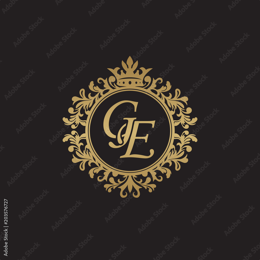 Initial letter GE, overlapping monogram logo, decorative ornament badge, elegant luxury golden color