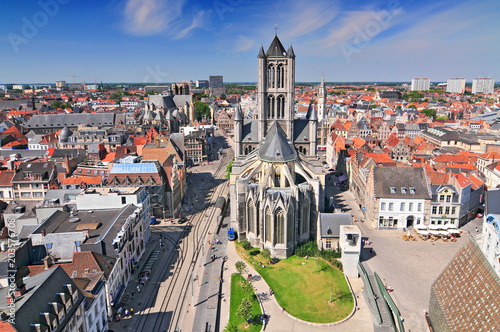 Aerial view on the center of Ghent with Saint Nicholas Church in Belgium, from the Belfry tower.