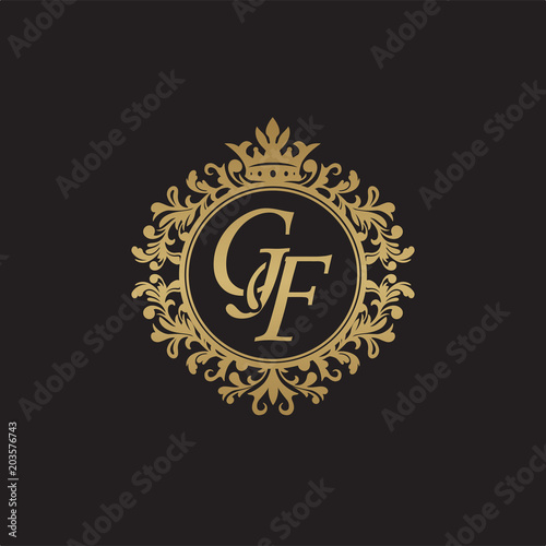 Initial letter GF, overlapping monogram logo, decorative ornament badge, elegant luxury golden color