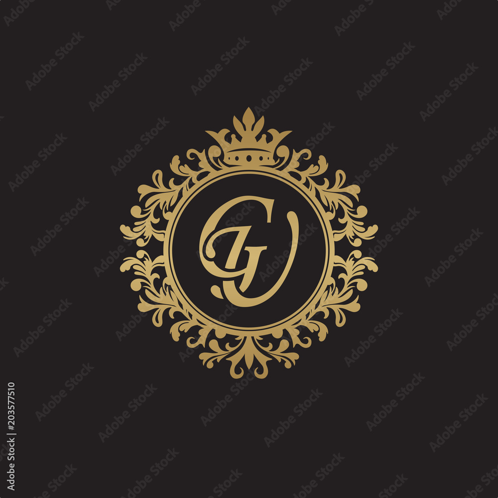 Naklejka premium Initial letter GU, overlapping monogram logo, decorative ornament badge, elegant luxury golden color