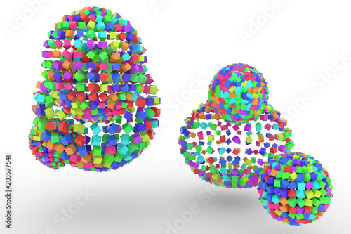 Colorful spheres from squares, modern style soft white & gray background. Birthday, congratulation, pattern & bunch.