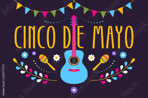 Cinco de Mayo festive design for Mexican holiday. Colorful banner of 5 May in Mexico with guitar, flowers, maraca and flags. Vector illustration.