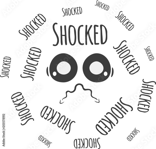 Text surrounding a face with a tie and with a shocked gesture. Hand drawn and paper style. EPS 10 Vector Illustration.