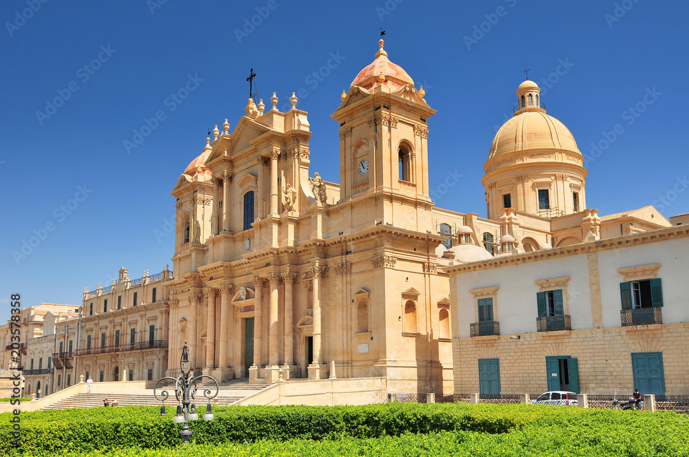 View of baroque style cathedral in old town Noto Sicily Italy.