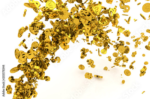 Bunch of money, gold, dollar sign or coins flow from the floor, modern style background or texture.