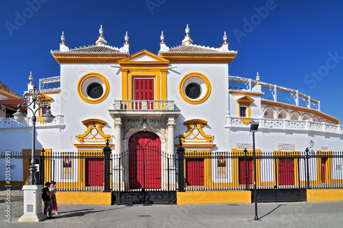 Spain, Andalusia, Sevilla, Plaza de Toros de la Real Maestranza de Caballeria de Sevilla, the Baroque facade of the bullring. photo