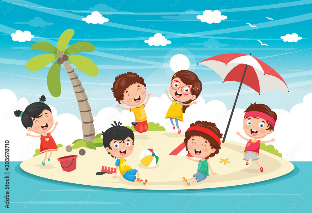Vector Illustration Of Kids Playing At Island Vector Illustration Of Kids Playing At Island