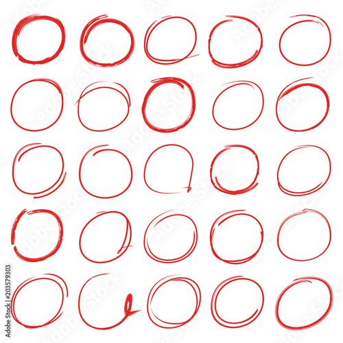red hand drawn circle set for marking texts